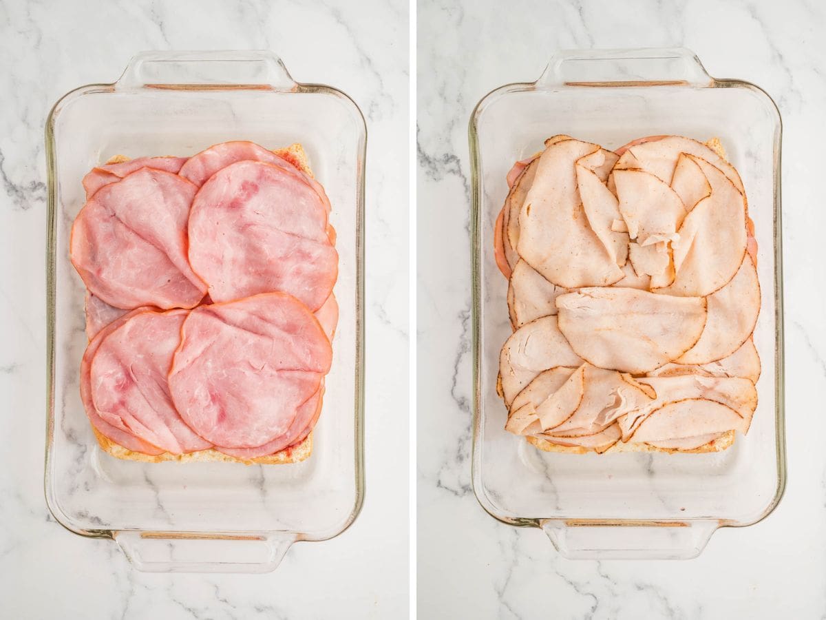 Side by side shots of layering deli meat onto the bread layer in a baking dish.