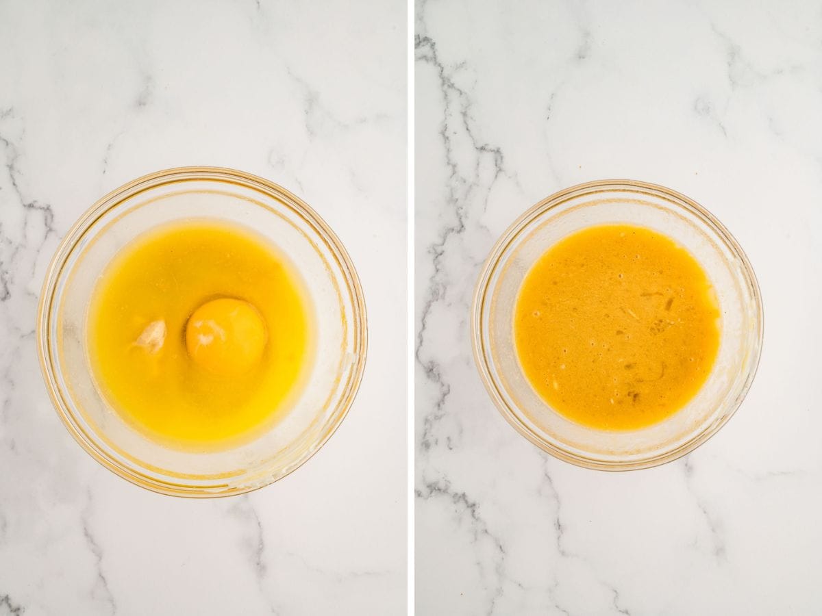 Side by side photos of mixing together the Dijon egg wash.