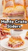 Monte cristo sliders 2 image collage revealing the dripping cheese inside.