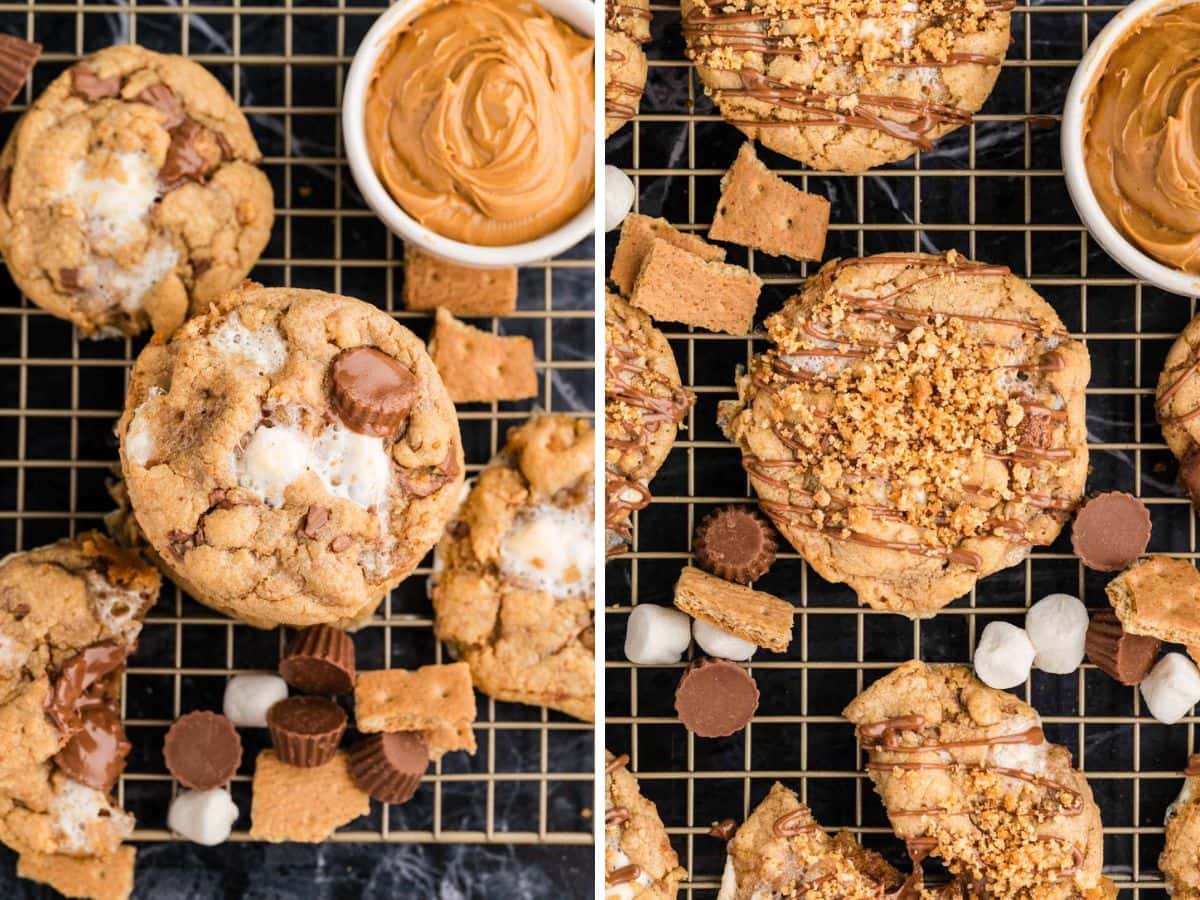 A collage image showing peanut butter s'mores cookies without the topping and with topping side by side.