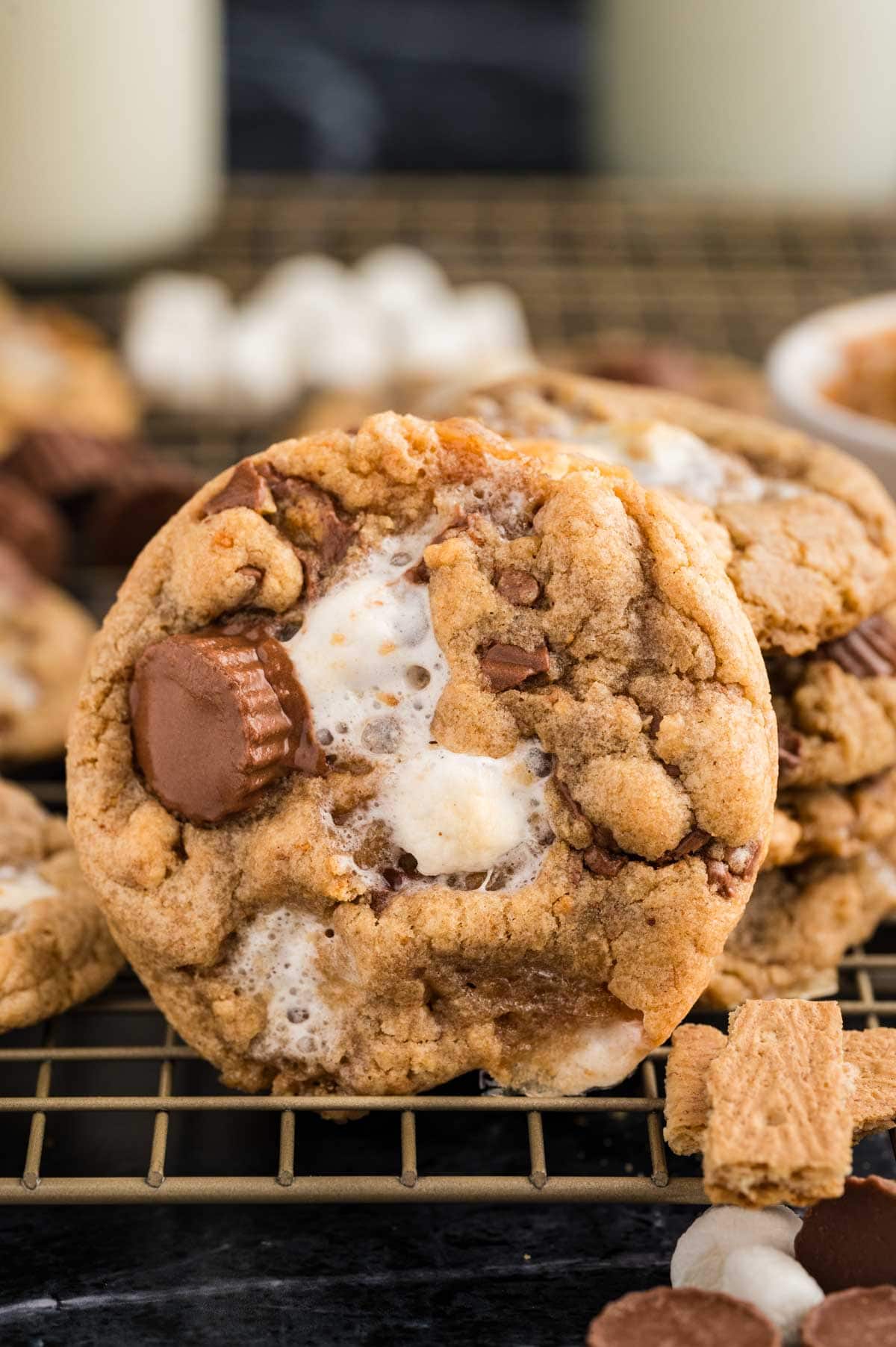 A cookie topped with mini peanut butter cups and marshmallows.