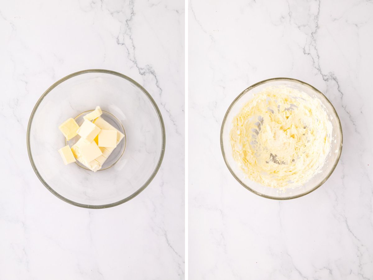 Softened cream cheese added to a bowl and then beaten with electric mixer until smooth and creamy.