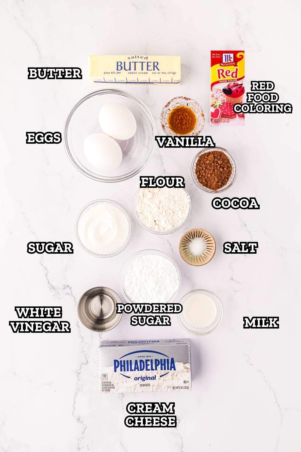 A labeled image of ingredients needed to make red velvet brownies.