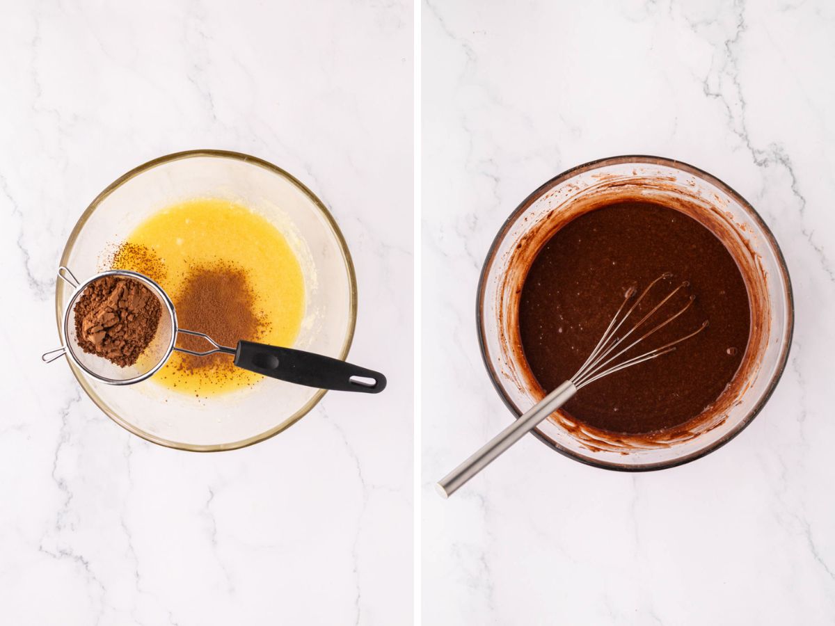 Adding sifted cocoa to the sugar mixture and combining.