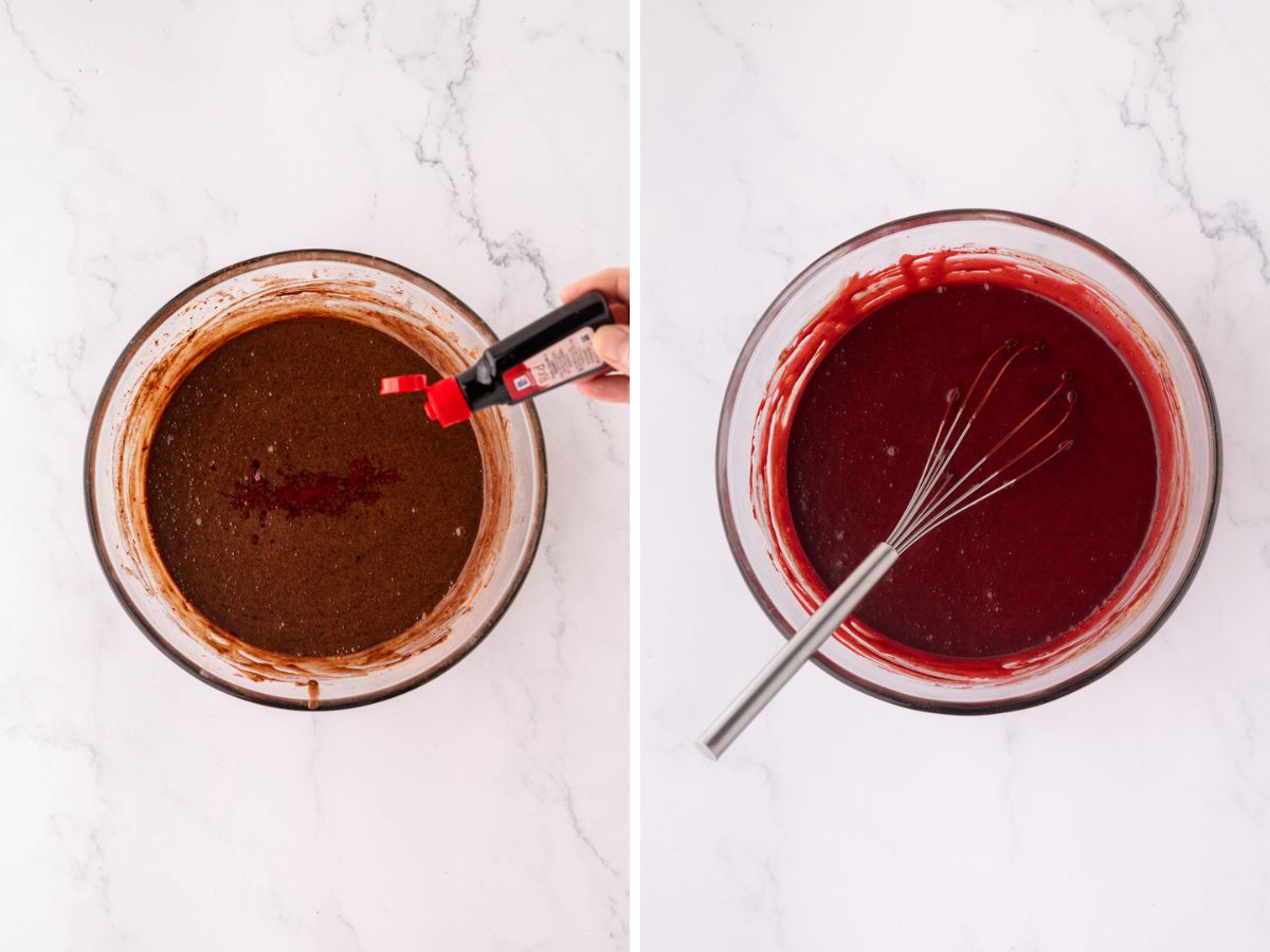 Adding red food coloring to the brownie batter.