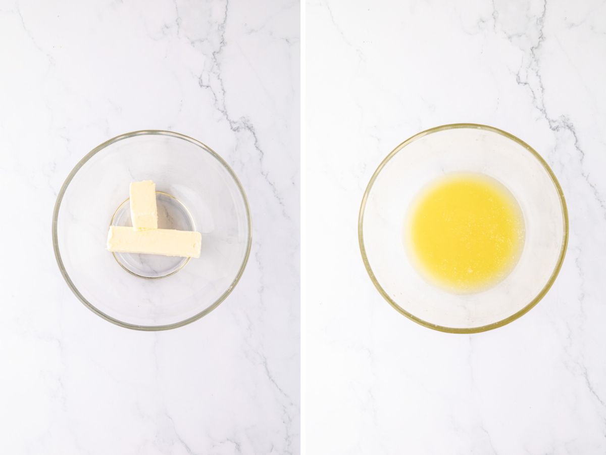 Two image collage of butter added to a bowl and then melted.