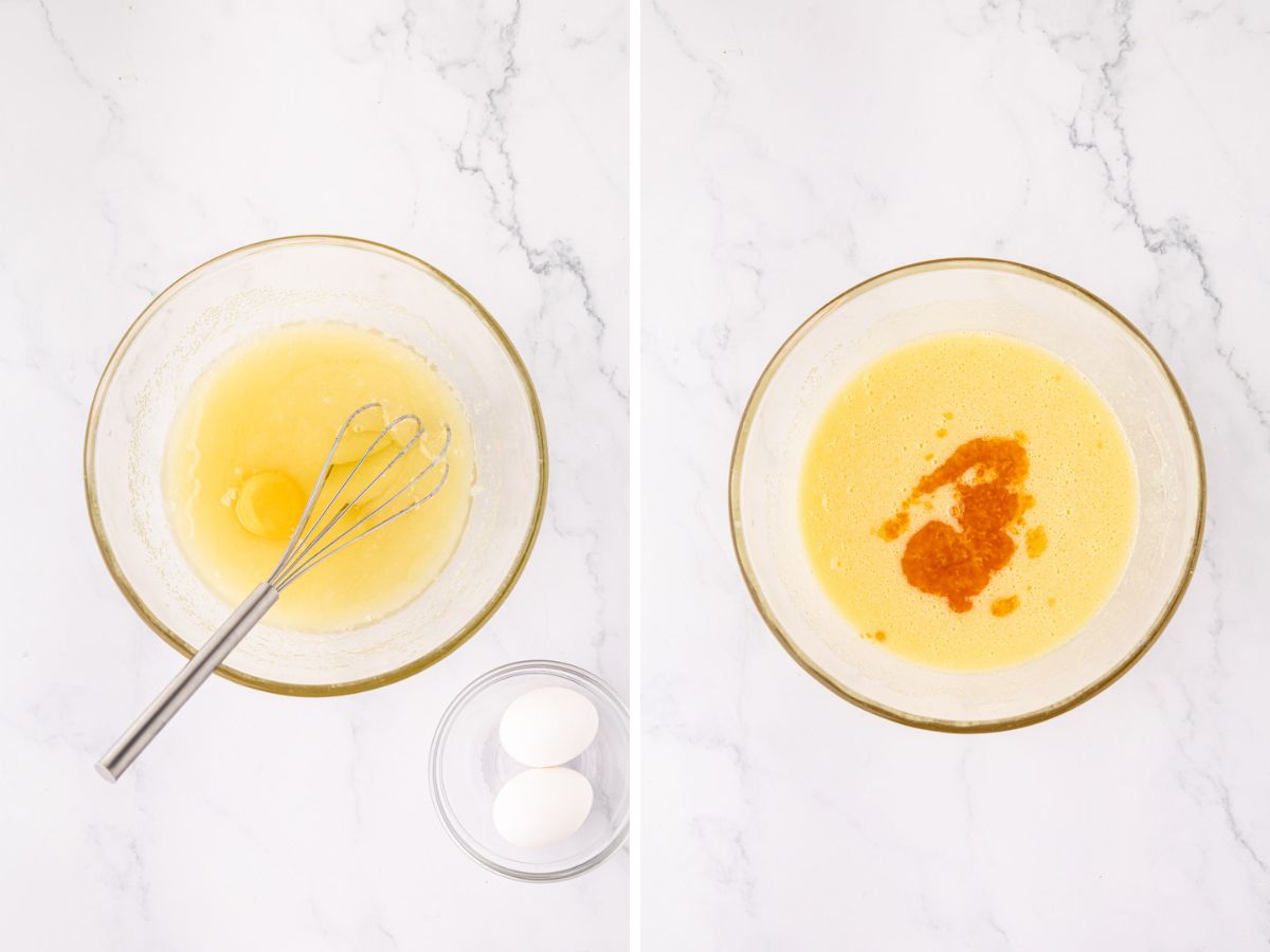 Two image collage of adding eggs and vanilla to sugar mixture.