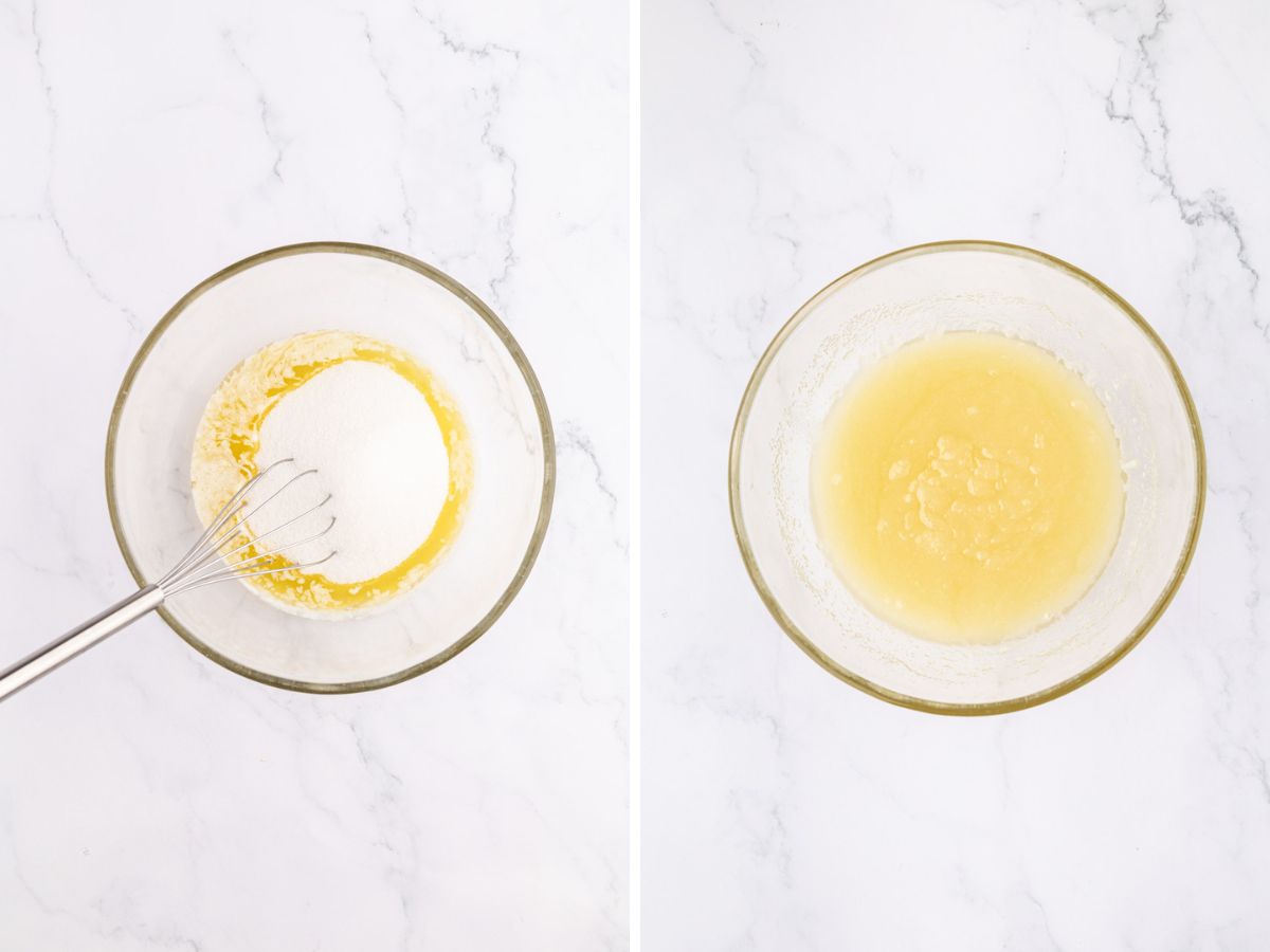 Two image collage of a bowl with melted butter and sugar with a whisk and then the bowl after the two are combined.