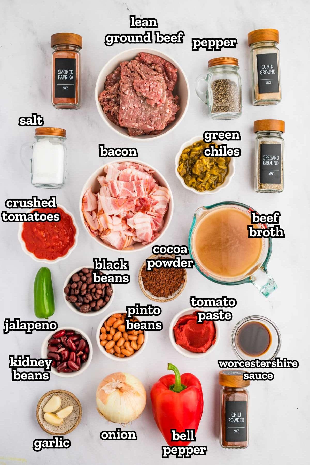 Ingredients needed for smoked chili with bacon.