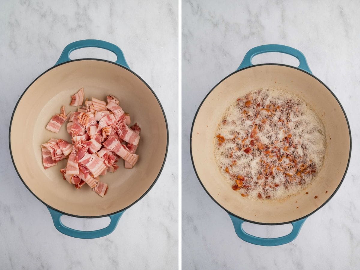 Side by side shots of cooking bacon in a Dutch oven.