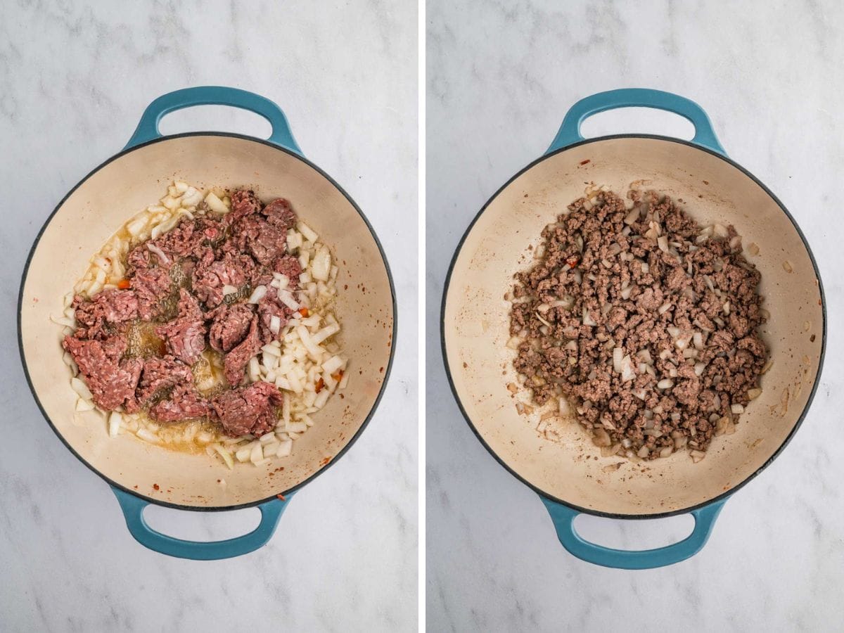 Side by side photos of cooking onions and browning ground beef in a Dutch oven.