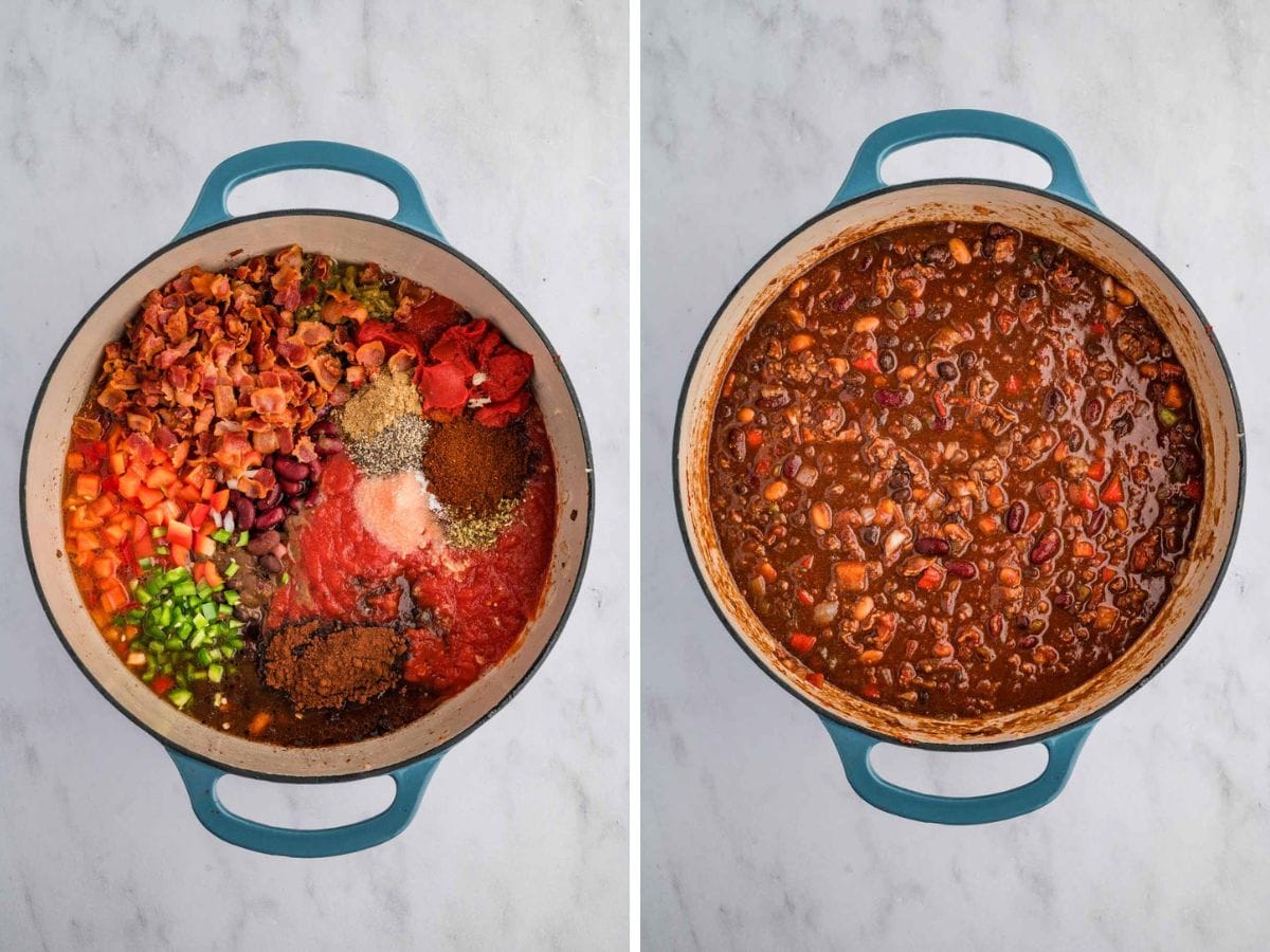 Side by side photos of adding all the ingredients for smoked chili in a pot and stirring them together.