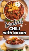 2 image collage with the Smoked Chili with Bacon bowl full topped with Fritos and sour cream.