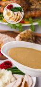 This image features a gravy boat full of turkey gravy and a super imposed image of a plate full of Thanksgiving foods.