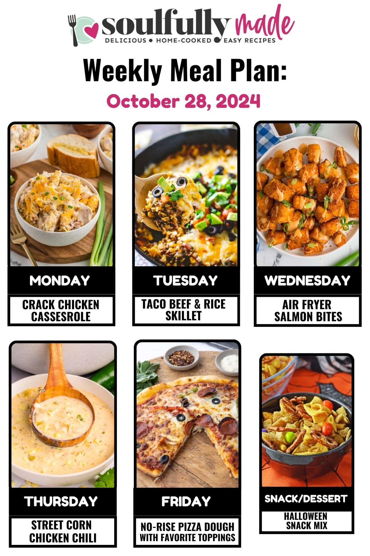 Graphic showing a weekly meal plan for October 28, 2024.