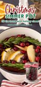 Christmas Simmer Pot potpourri image shot from overtop to show the simmering fruits and herbs with a superimposed jar of the cooled solution.