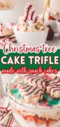 Christmas Tree Cake Trifle is featured in a 2 image collage of the snack cake trifle.