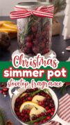 2 image collage of Christmas Simmer Pot potpourri image shot from overtop to show the simmering fruits and herbs.