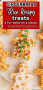 Holiday Gingerbread Rice Krispie treats are featured with icing decorations.