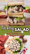 A two image collage of the Turkey Salad with cranberries and pecans with the top made into sandwiches and the bottom plated.