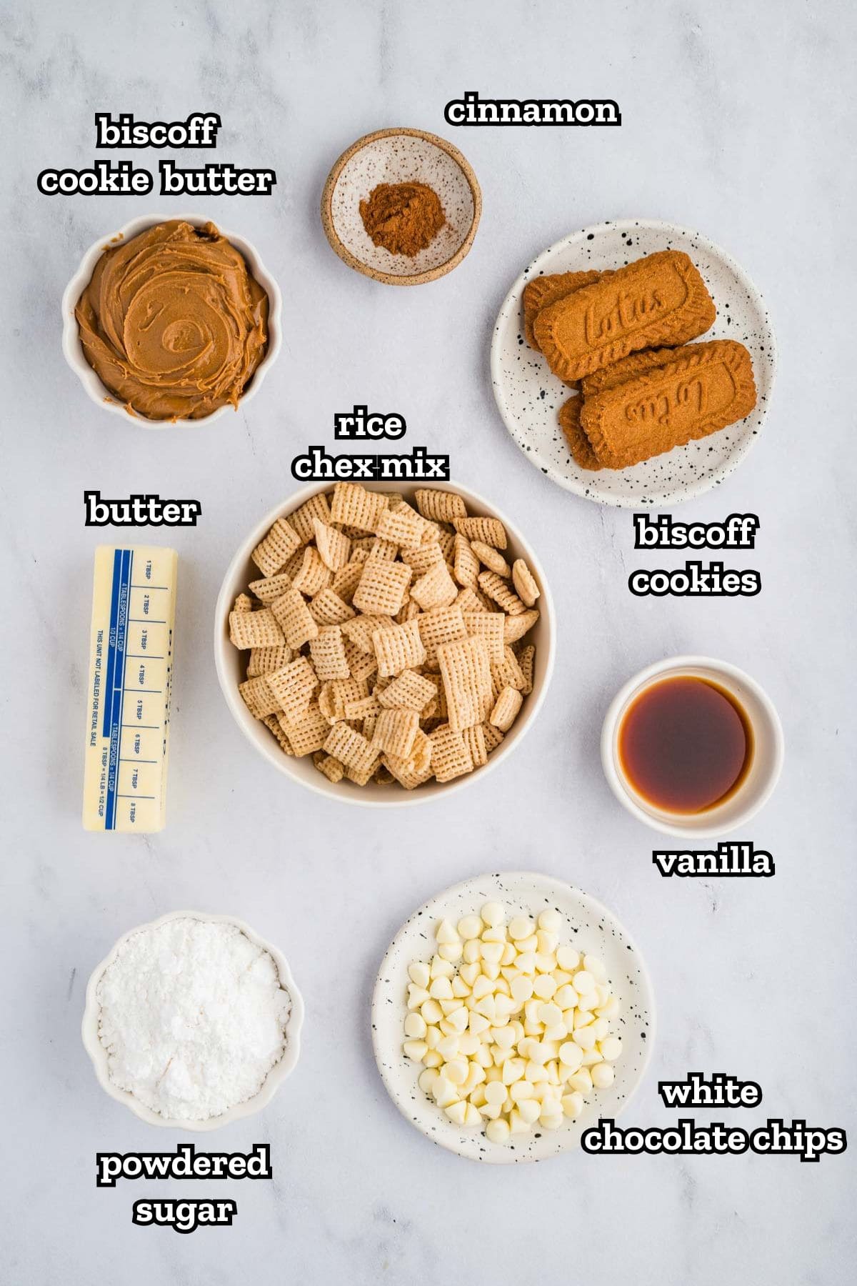 A labeled image of ingredients needed to make Biscoff cookie butter muddy buddies.