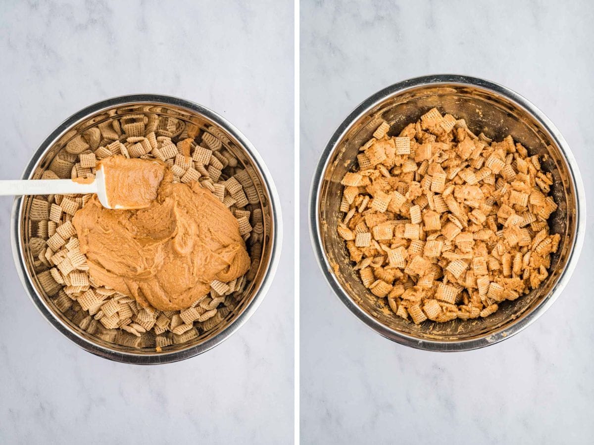 Side by side photos of chex cereal being mixed with cookie butter in a mixing bowl.