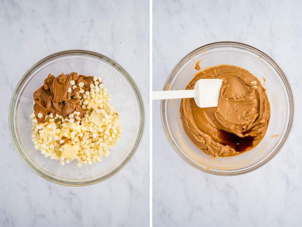 Side by side photos of melting white chocolate chips, butter, and biscoff cookie butter together.