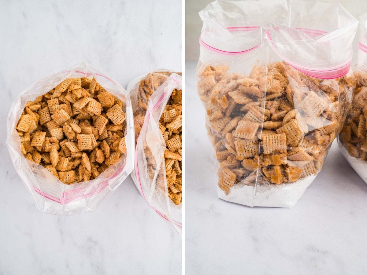 Cookie butter coated chex cereal being mixed with powdered sugar in a bag.