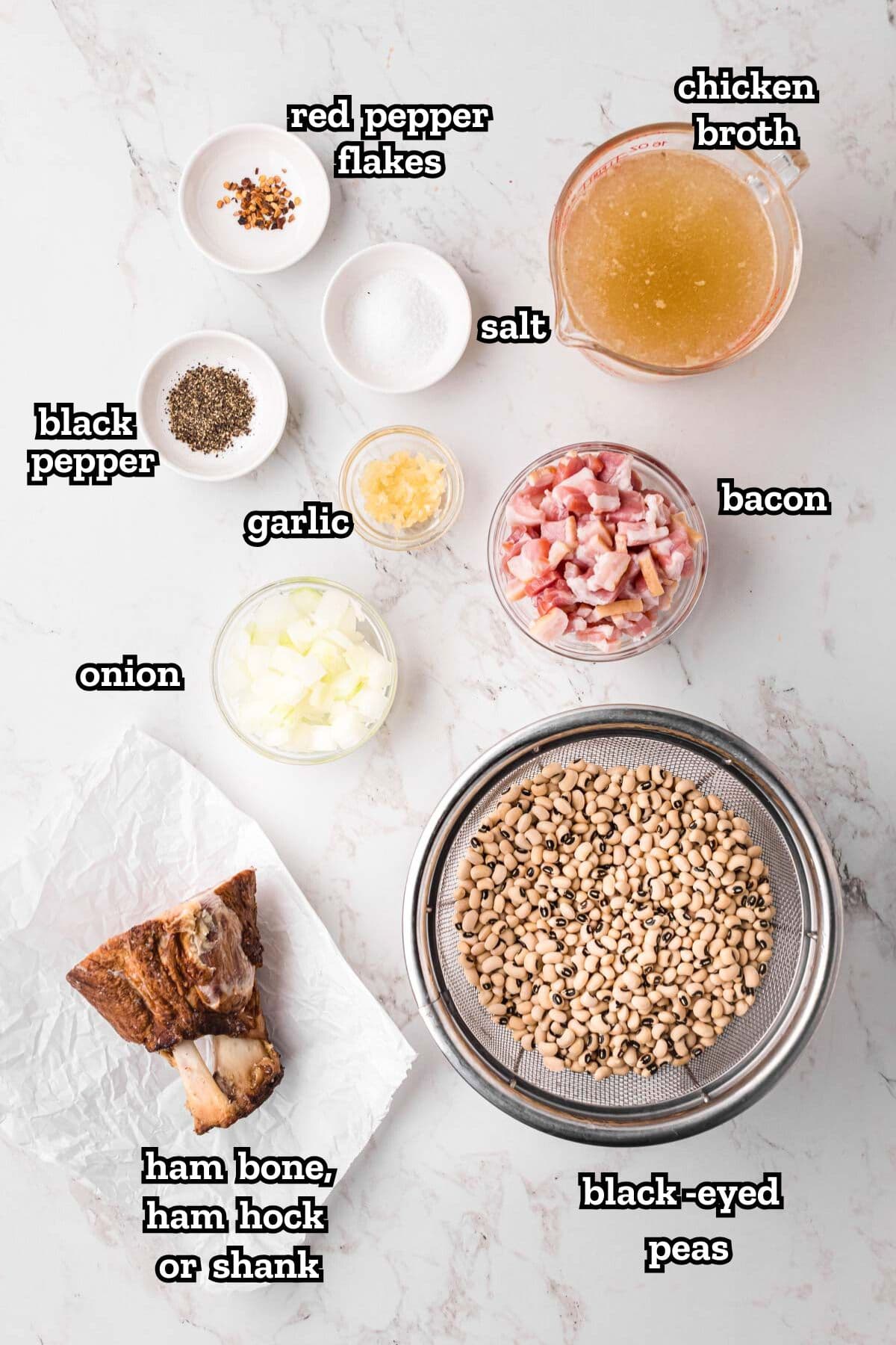 Both image of ingredients needed to make southern black-eyed peas.