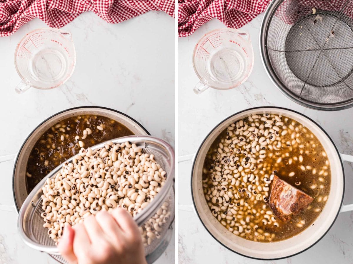 A side-by-side image of drained soaked Black Eyed Peas being poured into a pot of broth with a ham bone.