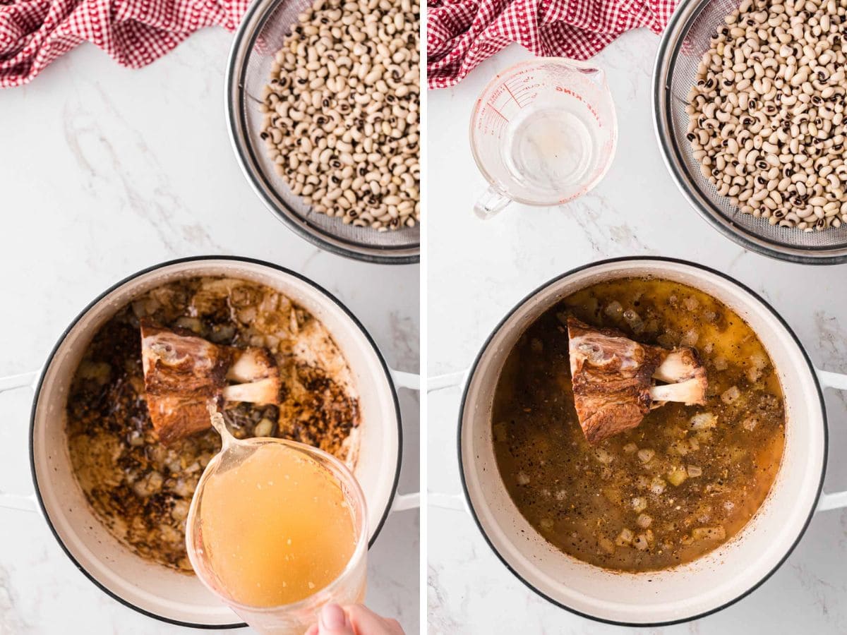 Side-by-side image of ham and chicken broth poured into the pot.