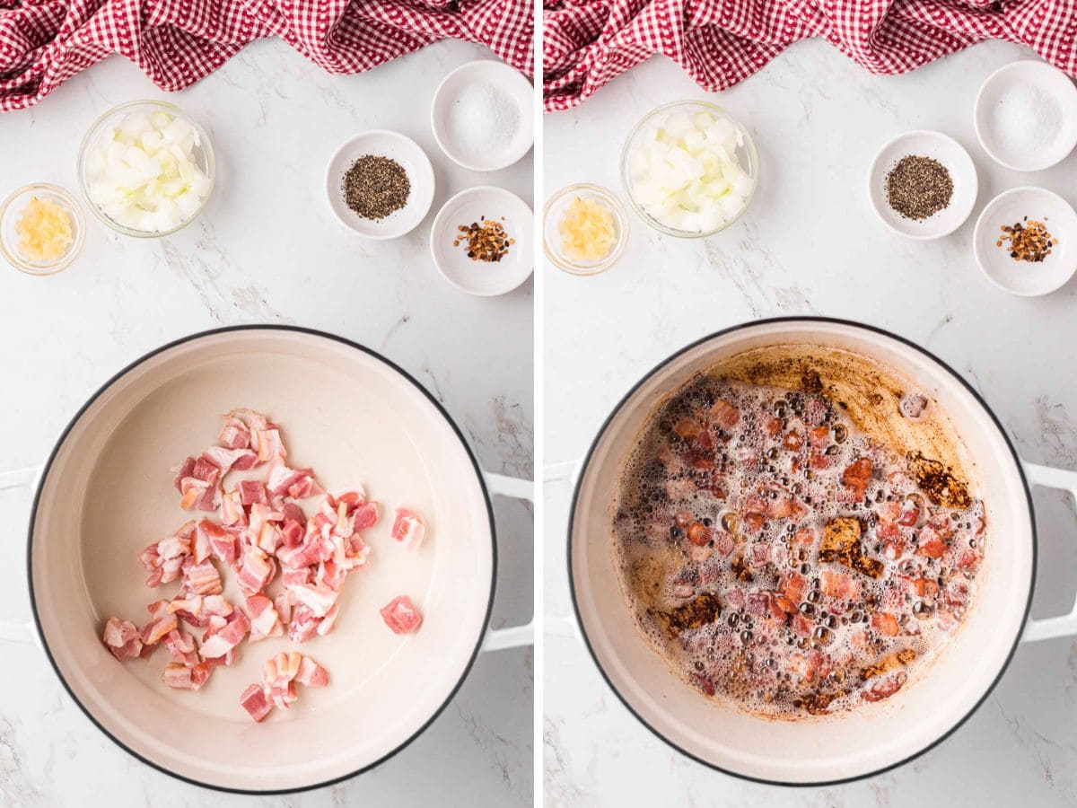 Side-by-side image of raw bacon, added to the pot and then cooked.