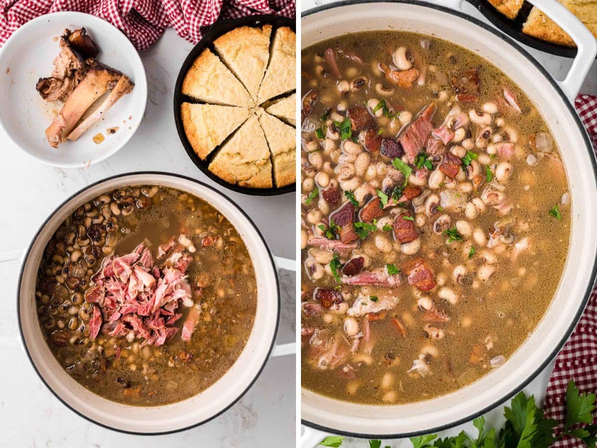 Side-by-side image of shredded ham being added back into the pot and stirred to combine.