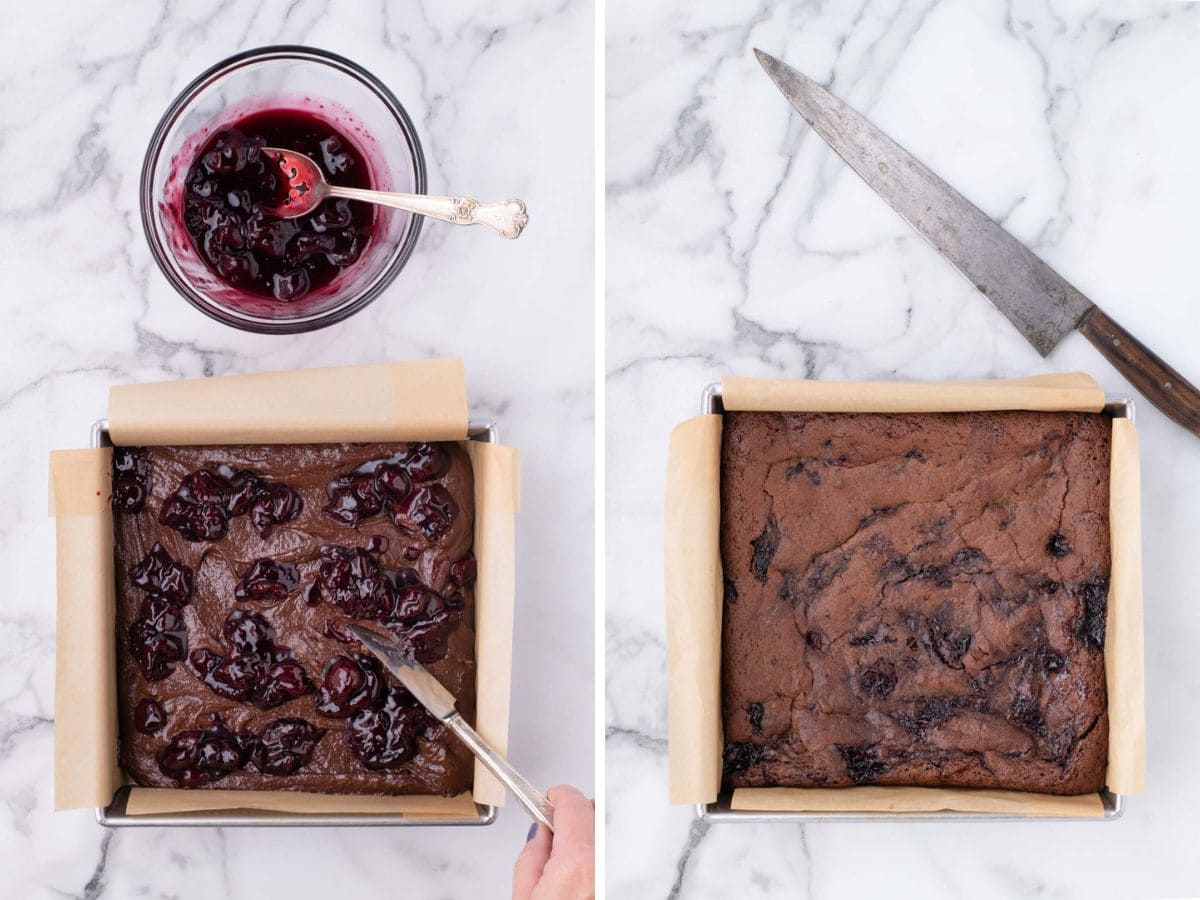 Side by side photos of swirling the cherries into the brownie batter and the baked result.