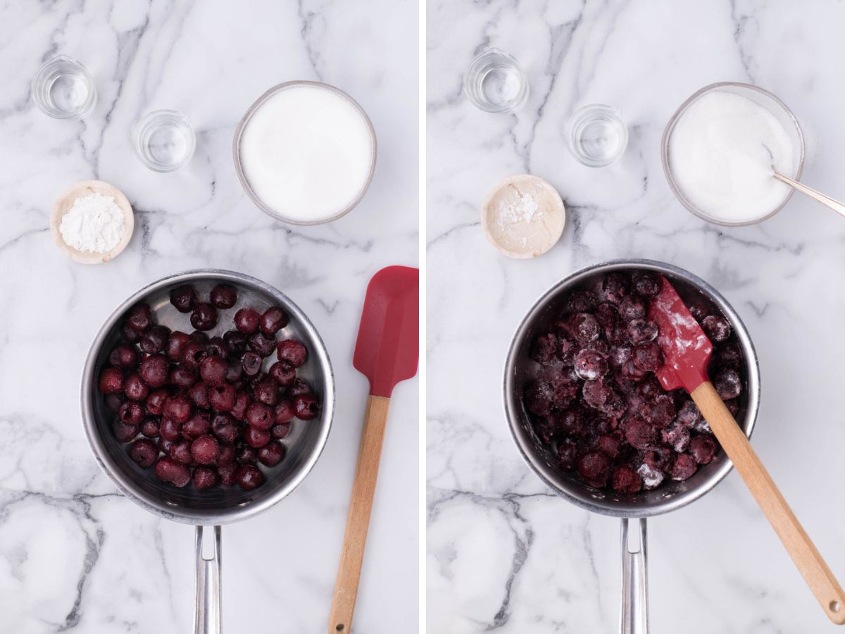 Side by side photos of cooking the cherry compote mixture in a saucepan.