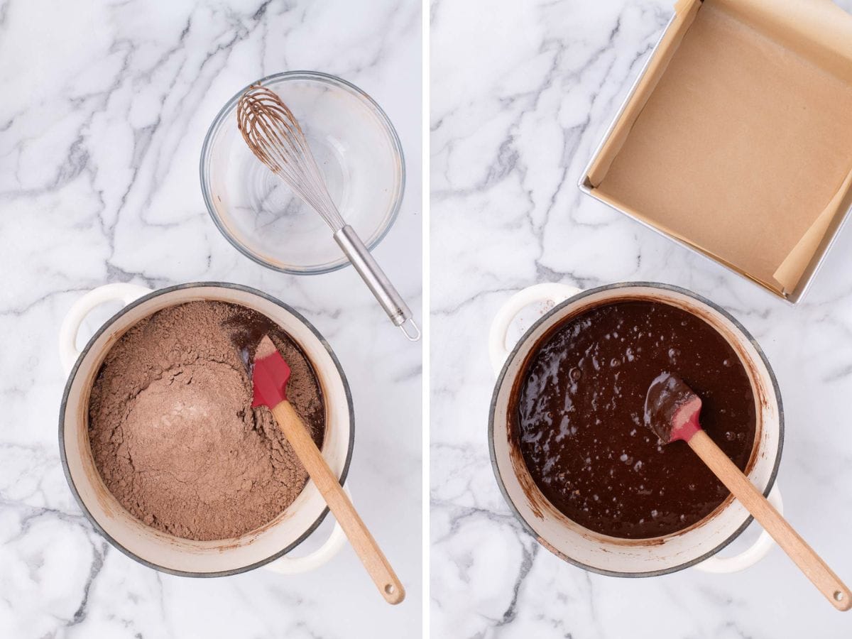 Side by side photos of combining the wet and dry ingredients for the brownie batter.