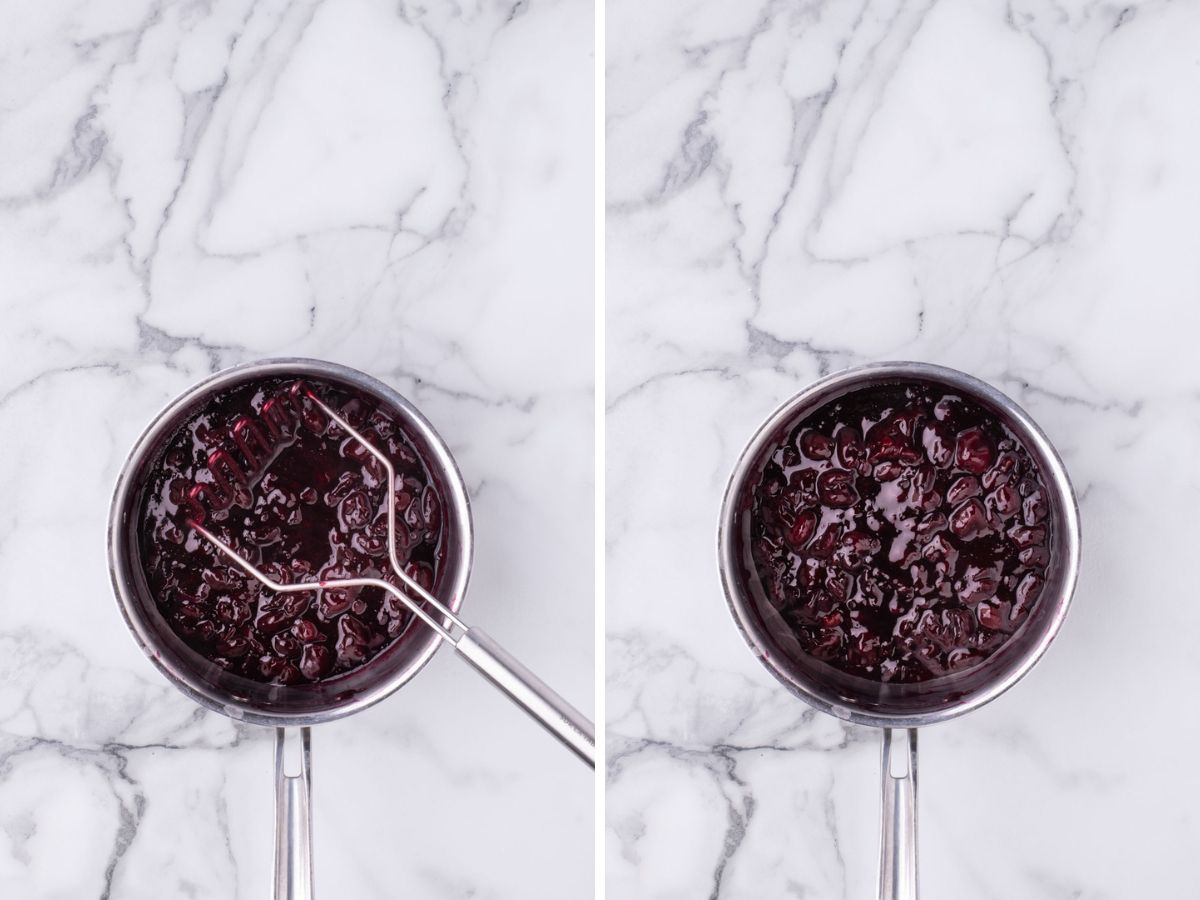 Side by side photos of smashing the whole cherries in the filling and the finished compote.