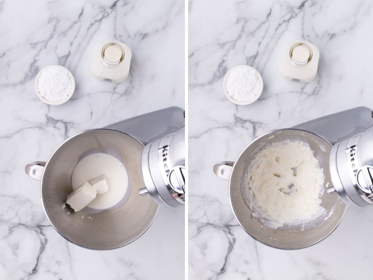 Side by side photos of making the whipped cream frosting for the brownies.