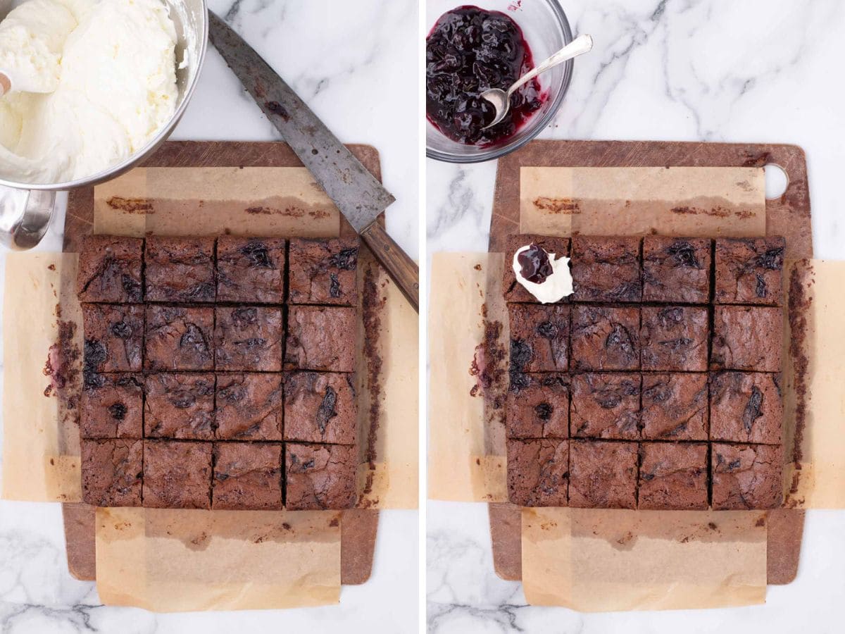 Side by side photos of brownies cut into squares and being topped with whipped topping and extra cherry filling.