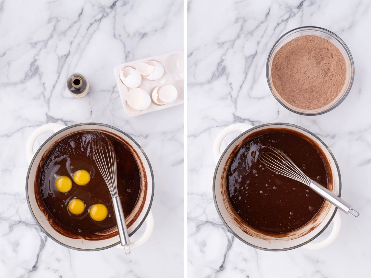 Side by side photos of adding eggs into the brownie batter.