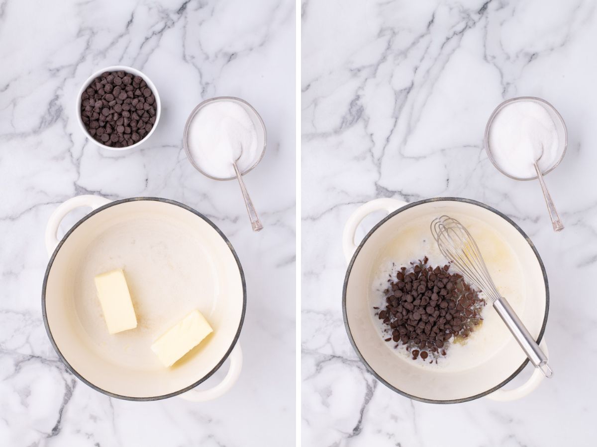 Melting the butter and chocolate chips for the black forest brownie batter.