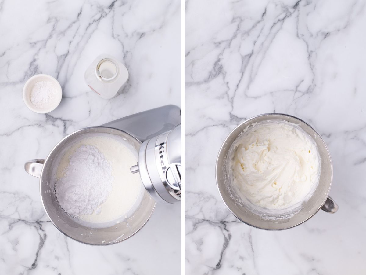 Side by side photos of adding powdered sugar into the whipped frosting topping for the brownies.