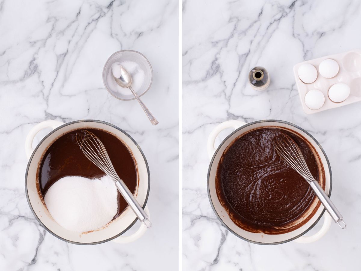 Side by side photos of adding sugar to the brownie batter.