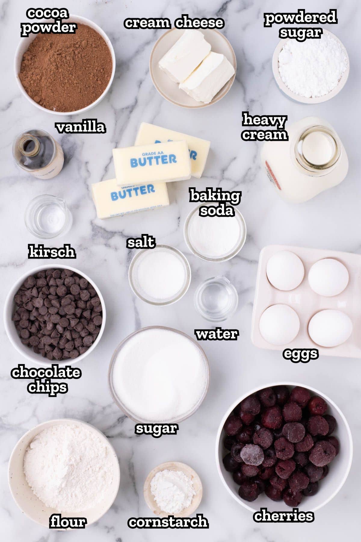 Ingredients needed to make black forest brownies.