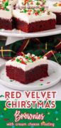 A fun graphic image of the Red Velvet Christmas Brownies with cream cheese frosting and sprinkles.