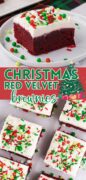 Christmas Red Velvet Brownies topped with Christmas sprinkles are shown in this 2 image collage.