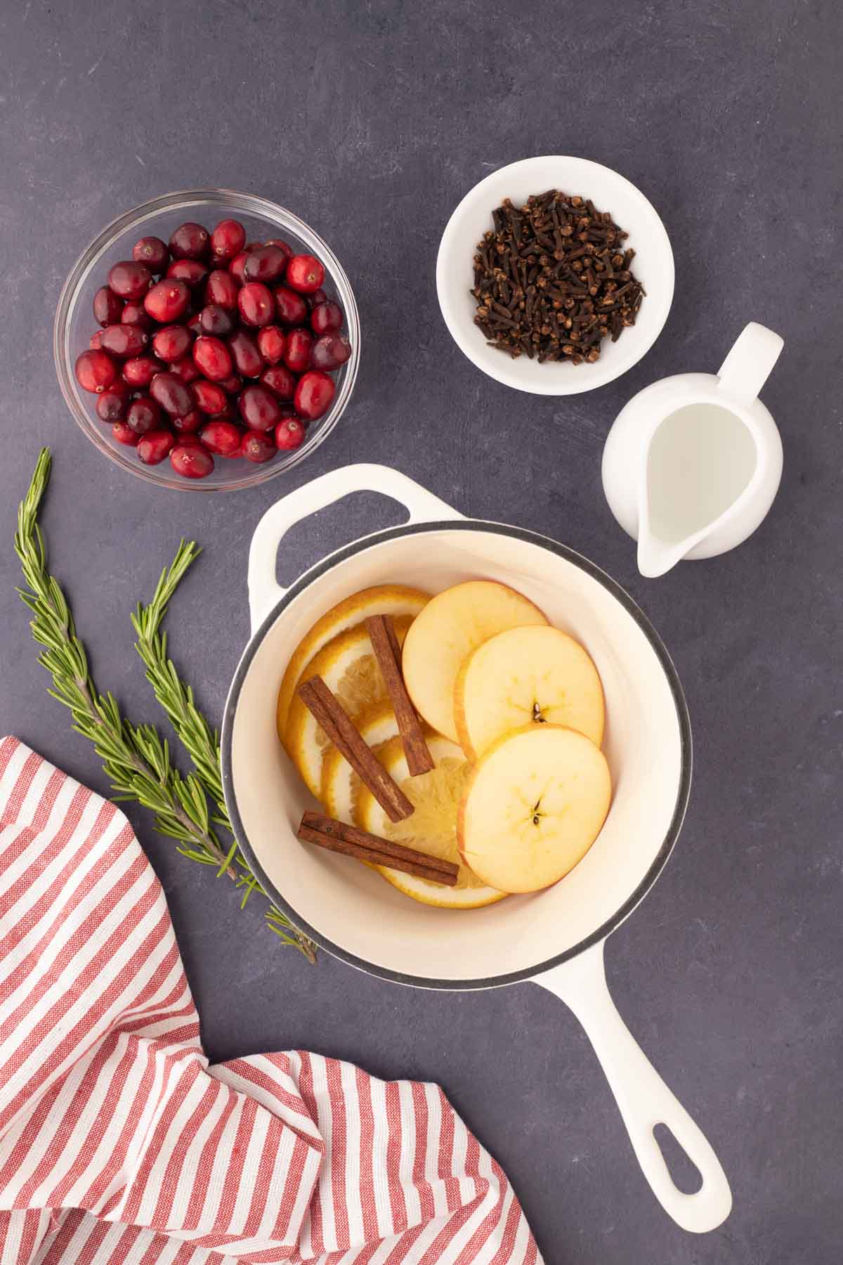 A table filled with a simmering pot with sliced oranges, apples and cinnamon sticks, surrounded by a bowl of cranberries, rosemary springs, a pitcher of water, and a bowl of  whole cloves.