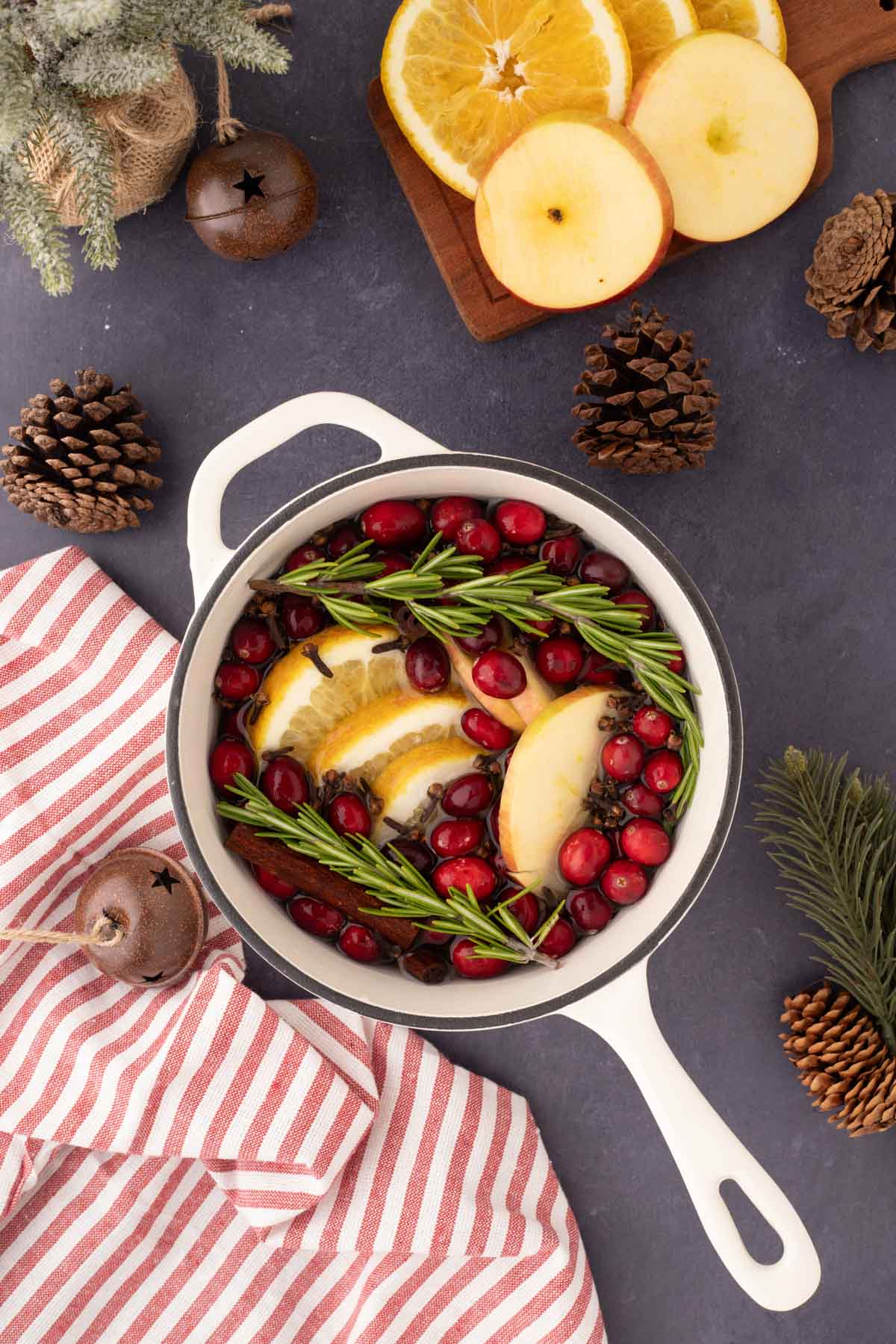 White pot filled with holiday simmering pot ingredients.