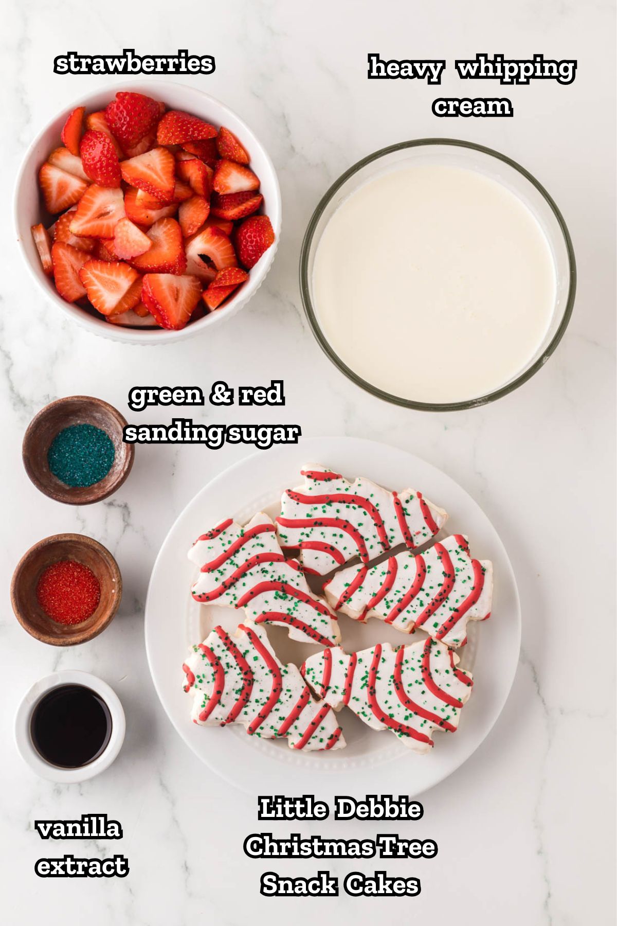 A labeled image of ingredients needed to make a Christmas tree cake, trifle dessert.