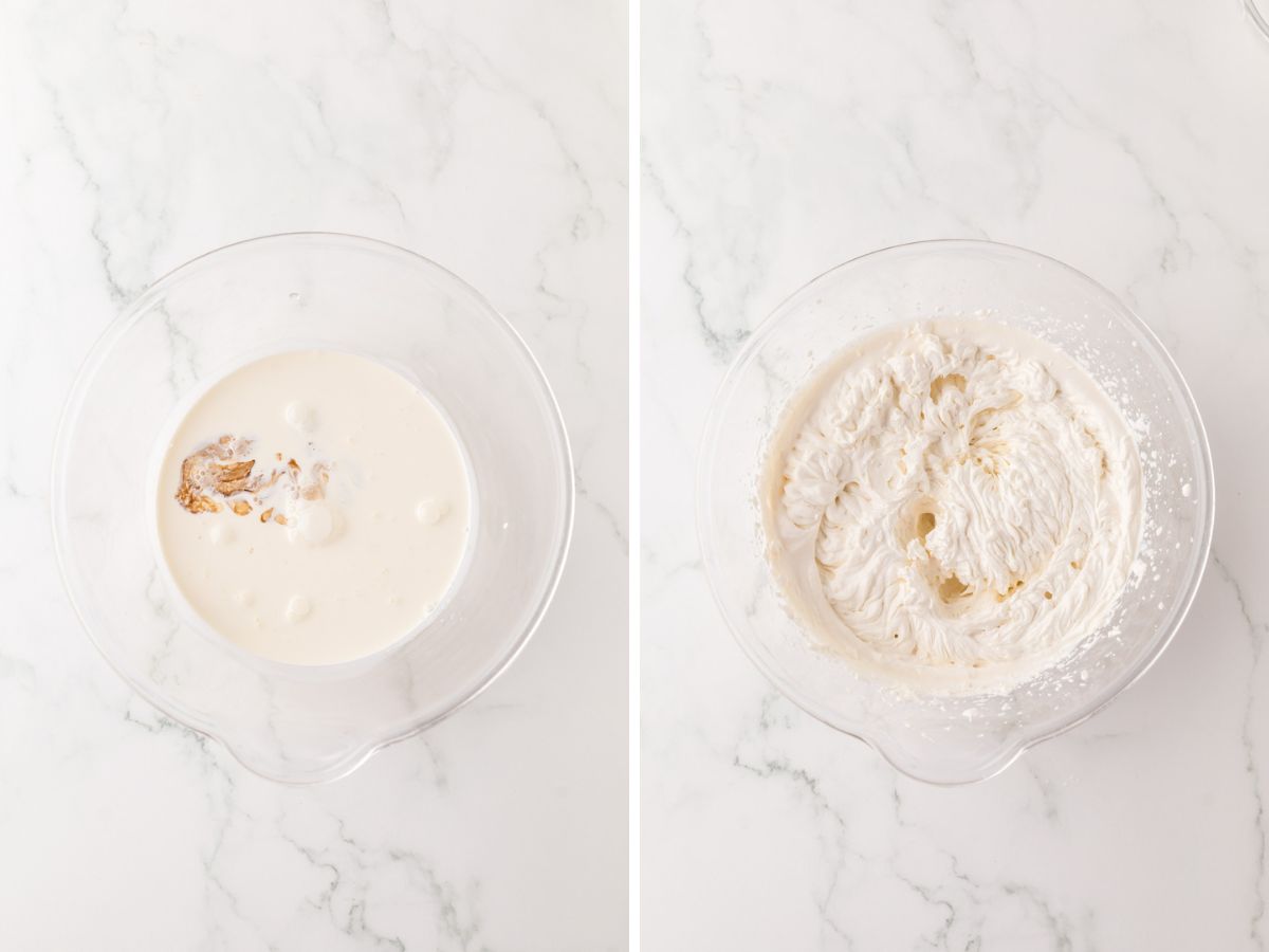 A side-by-side image of heavy cream and vanilla in a glass bowl, and then after it has been whipped into whipped cream.